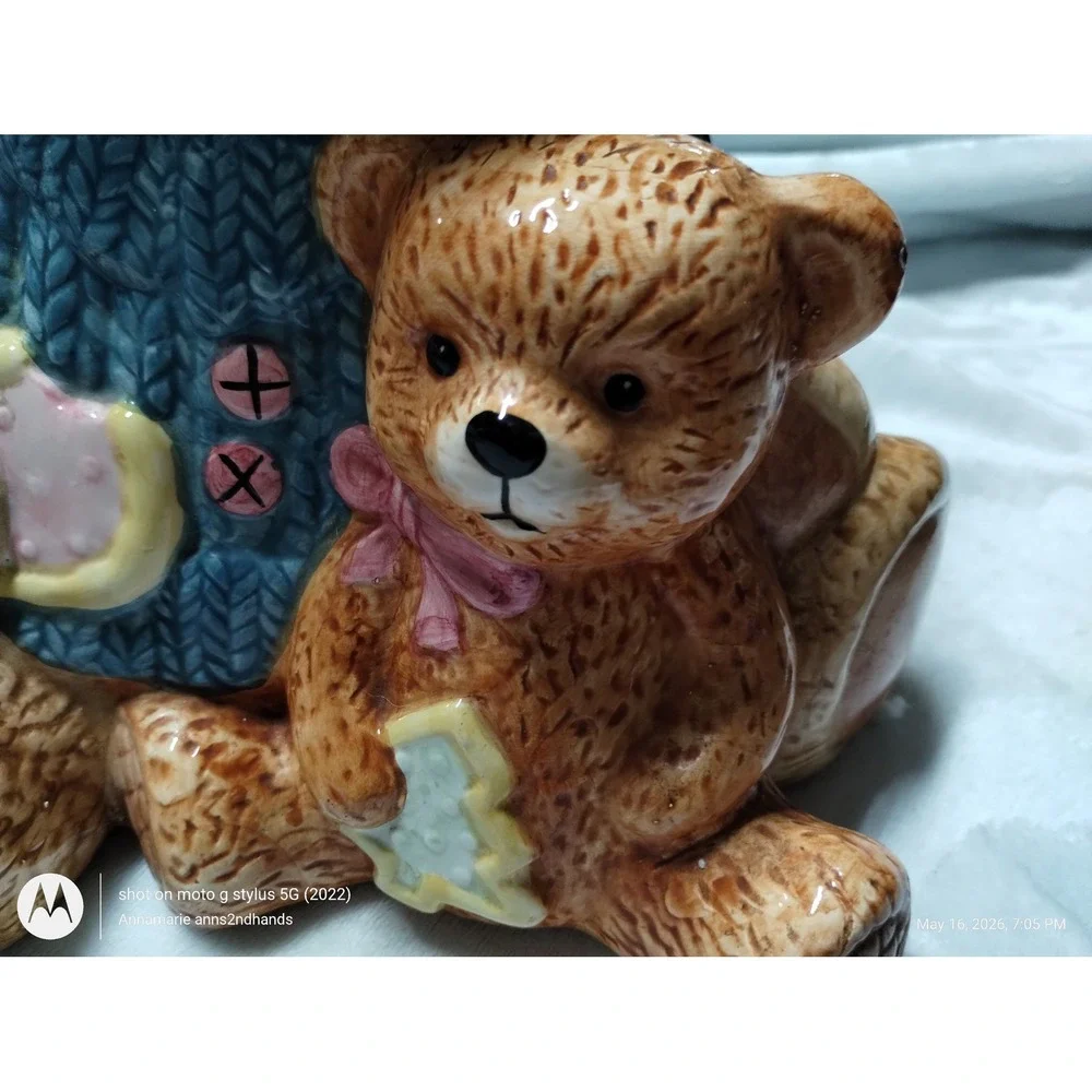 Cresco China Teddy Bear Mother and‎ Cub Ceramic Cookie Jar Blue Sweater